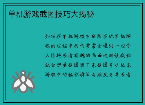 单机游戏截图技巧大揭秘